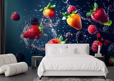 Fresh ripe raspberries and blueberries with white background, isolated Wall mural