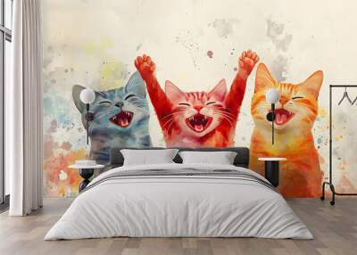 Playful Cats in Motion, a vibrant display of three joyful acrobatic cats set against a soft watercolor backdrop, infused with whimsical artistry. Wall mural