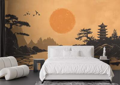 Sunset landscape with silhouette of trees on the beach Wall mural