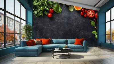 Vibrant assortment of nutritious ingredients arranged artfully, colorful fruits and vegetables showcasing a healthy lifestyle choice Wall mural