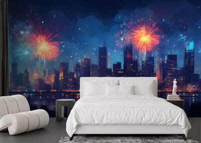 Vibrant city skyline illuminated by colorful fireworks against a dark night sky, celebrating a festive occasion with dazzling displays Wall mural