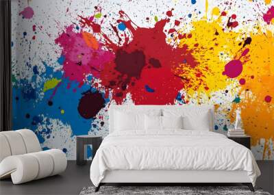 Vibrant paint splatter in flat colors, dynamic abstract design, energetic visual impact, expressive artistry, bold color combinations, modern aesthetic Wall mural