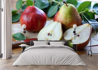 sliced pears on wooden kitchen table, closeup Wall mural