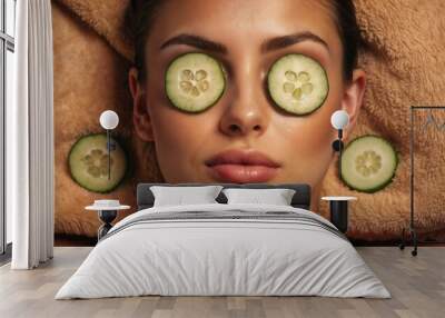 Top view, skincare and woman with cucumber on eyes at massage table in spa for peace, relax or wellness. Mask, above and person with vegetable on face for natural beauty or healthy organic treatment Wall mural