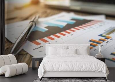 Financial Charts and Pen on Wooden Desk Wall mural