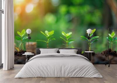 Young Green Shoots Growing in Soil Against a Blurred Background of Lush Greenery Wall mural