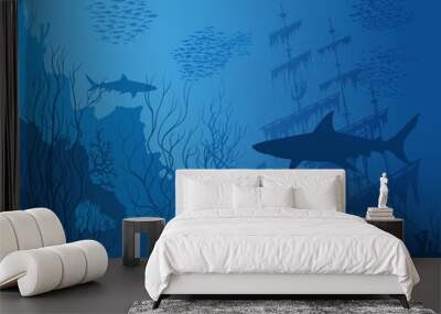 blue underwater landscape with sunken ship, sharks and see weeds. vector hand drawn illustration. Wall mural