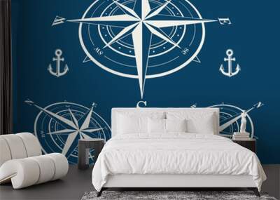 Set of isolated marine wind roses silhouettes. Compass vector navigation symbol illustrations. Wall mural