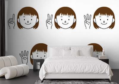 Set of illustrations of girl who expressing the numbers 1 to 5 with hand signs Wall mural