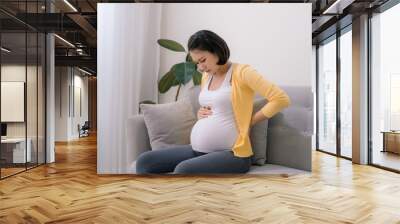 Asian pregnant woman has backache and feel depressed sitting on the couch Wall mural