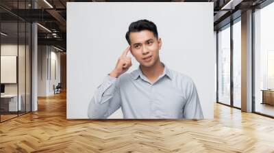 Businessman pointing at his head, having an idea, isolated on white studio background Wall mural