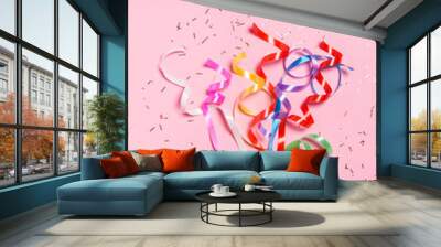 Flat lay of Celebration. Champagne bottle with colorful party st Wall mural