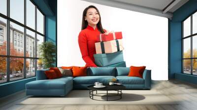 Woman giving a present for young, wish young a have a happy new year Wall mural