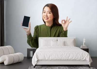 young woman holding smartphone and showing OK sign, girl recommend upload new app, online shopping site Wall mural