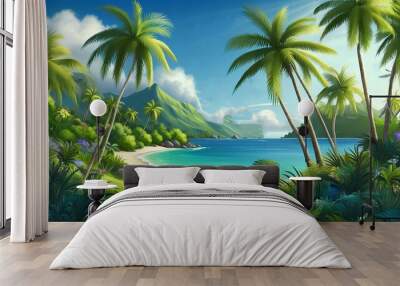 A secluded tropical beach with crystal clear blue water, golden sand and palm trees. Wall mural