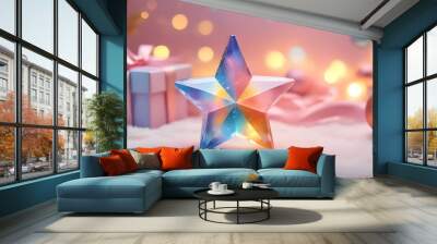 Crystal clear star gift colorful pastel with blurred bokeh. Valentine or Christmas background. banner Wall mural