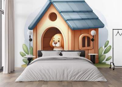 Cute little dog house watercolor painting Wall mural