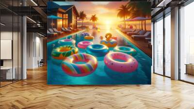 Infinity pool with stunning views and bright Lifebuoy Wall mural