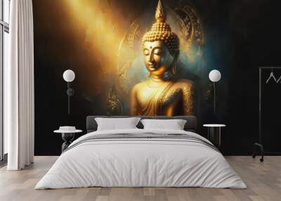 The golden Buddha statue is bright and luminous, creating a sense of elegance and sacredness. Wall mural