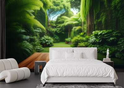 The table is made of wood and has a smooth surface with a background of a garden of various green plants.	 Wall mural