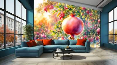 Watercolor painting of a pomegranate tree full of ripe and juicy pomegranates. Wall mural