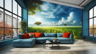 Watercolor painting of green rice fields under a clear blue sky Wall mural