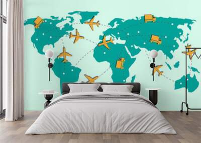 World map with air planes and trucks isolated on blue background Wall mural