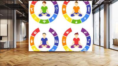 Yoga lifestyle circles set with people isolated on white backgro Wall mural