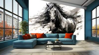 Horse illustration with Chinese brush stroke calligraphy in black and grey drawing inking Wall mural