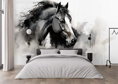 horse in Chinese brush stroke calligraphy in black and grey drawing inking Wall mural