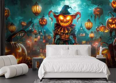 halloween festival background with a scary clown with a pumpkin head, amazing illustration with rich details and full of lights Wall mural