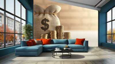 3D rendered concept of financial success featuring a money bag, coins, and stacks of banknotes neatly arranged in a minimalist scene. Wall mural