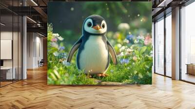 A charming penguin standing on a lush green meadow, surrounded by wildflowers. Wall mural