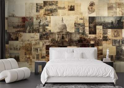 A collage of historical artifacts and documents, layered together to create a rich tapestry of history and culture. Wall mural