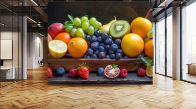 A fresh organic fruit collection displayed in a visually appealing arrangement, highlighting healthy snack options. Wall mural