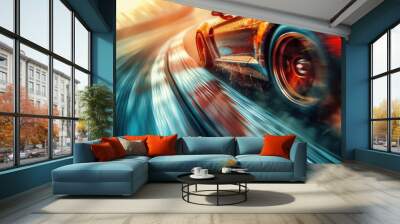 A race car speeding around a corner on a track, with tires kicking up smoke and dust. The car is sharply in focus while the background is blurred, suggesting high velocity. The track's curving lines Wall mural