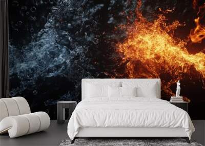 A striking contrast of fire and water on a black background Two elements meeting in a dynamic and powerful visual concept Wall mural