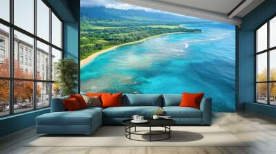 Aerial view of a serene coastline featuring turquoise waters meeting sandy shores with lush greenery in the background and subtle wave formations visible from above Wall mural