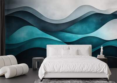 An elegant abstract illustration with dark gray, teal blue, and light slate gray waves, creating a sophisticated and modern header design. Wall mural