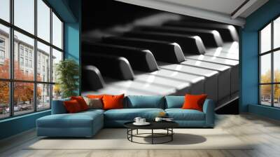 Close-up of black and white piano keys, artistically illuminated in soft light. Rich contrast highlights the classic beauty of the instrument Wall mural