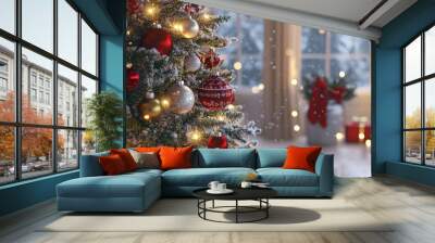 Elegant Christmas tree decorated with shimmering baubles and ornaments in a winter scene, showcasing festive colors and holiday cheer, rendered in a realistic 3D illustration. Wall mural