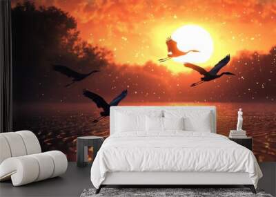 Flying herons in a serene landscape with a sunset casting a warm glow across the water and patterned ground below Wall mural