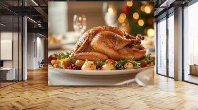 Golden roasted turkey beautifully plated on a festive table representing a holiday meal with rich textures and details Wall mural