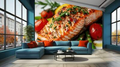 Gourmet Baked Salmon with Asparagus and Tomatoes on White Plate with Fresh Herbs Wall mural