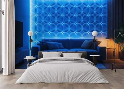 Illuminated blue wallpaper with a modern pattern, emitting a soft glow and creating a serene atmosphere in the room. Wall mural