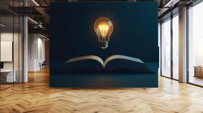 Minimalist self-development concept featuring a 3D book with a glowing light bulb above it, symbolizing knowledge, innovation, and new ideas. Wall mural