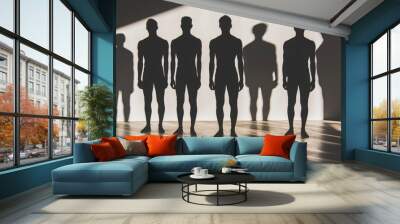 Series of abstract male silhouettes standing in various poses, casting long shadows against a minimalist background. Strong focus on shapes and form. Wall mural