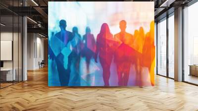 Silhouettes of business people in abstract geometric shapes, symbolizing teamwork and professional collaboration in a corporate setting. Wall mural