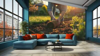 Close up male gardener hands scroll green lawn Wall mural