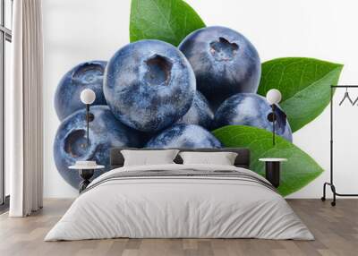 Blueberry berry with blueberry leaf isolated on white background. Blueberry clipping path. Wall mural